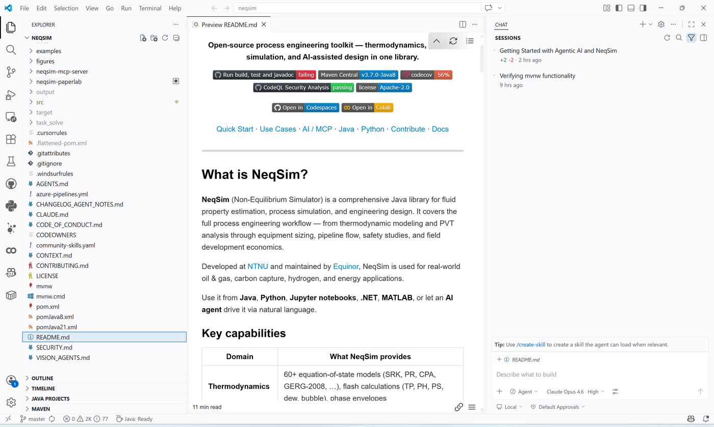 VS Code with GitHub Copilot — the AI agent panel (right) communicates with the NeqSim physics engine to solve engineering problems described in natural language